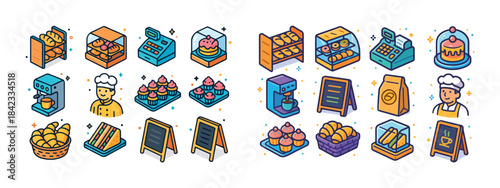Colorful bakery icons featuring pastries, baked goods, and chefs