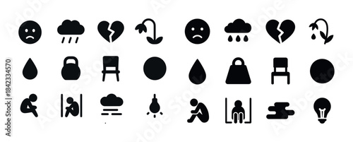 Set of sadness and depression icons including weather, broken he