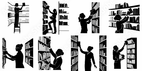 Black and white vector set of female silhouettes choosing or shelving books in a library or bookstore, symbolizing education and knowledge.