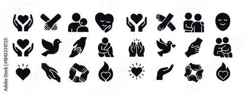 Icons of love and support: hands, hearts, and embrace symbols