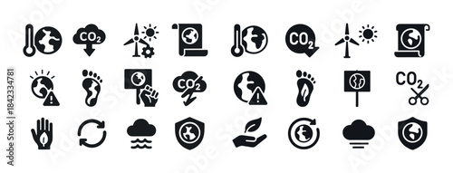 Environmental conservation icons set featuring climate and energ