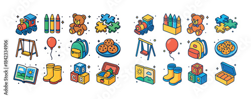 Colorful children's toys and activities collection with train, t