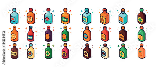 Colorful isometric bottles with various labels in neat rows