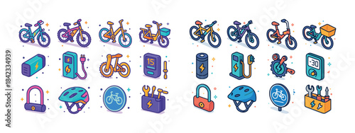 Colorful bicycle icons: bicycles, accessories, charging, helmets