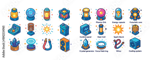 Collection of futuristic energy and technology icons with colorf