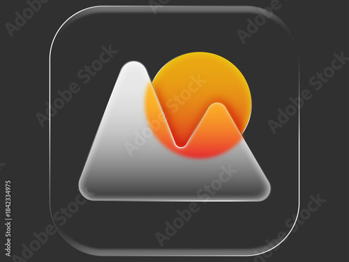 Glossy Glass Morphism Landscape Icon with Mountains and Sun on Dark Background. Modern Gradient App Symbol in 3D Liquid Glass Style