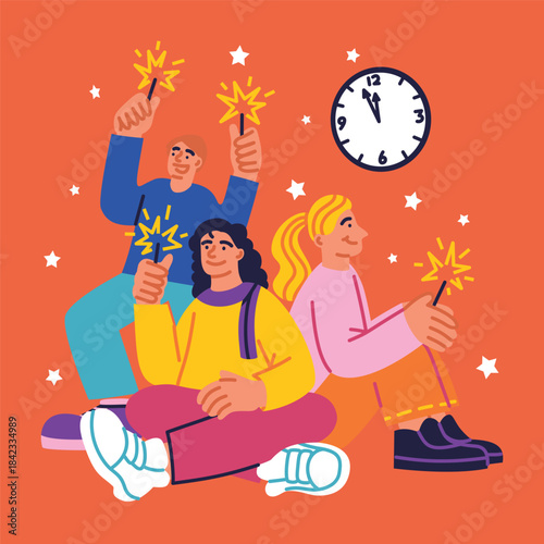 Flat illustration of friends sitting and standing while lighting sparklers as the clock nears midnight.
