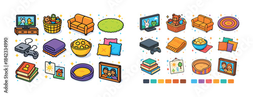 Cozy living room elements and colors with video game and snacks