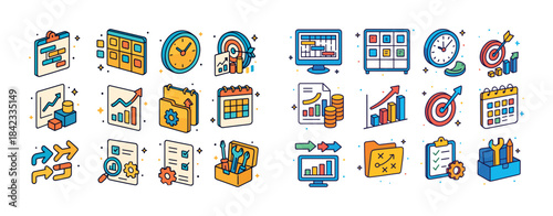 Colorful business and finance icons for planning and analysis