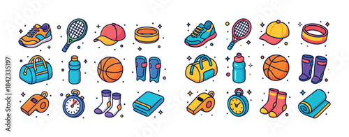 Colorful sports equipment icons set: shoes, balls, racket, bags,