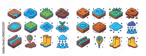 Colorful cartoon soil and water elements with icons and symbols
