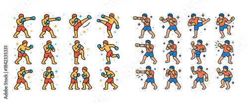 Martial arts icons set featuring male and female fighters in var