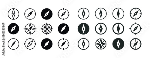 Collection of various compass icons in black and white design