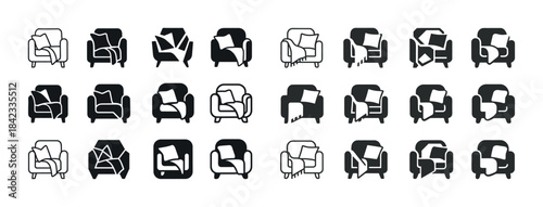 Icon set of mid-century modern armchairs - minimalist black and