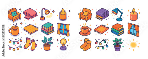 Cozy home icons: coffee, books, lamps, plants, and decor element