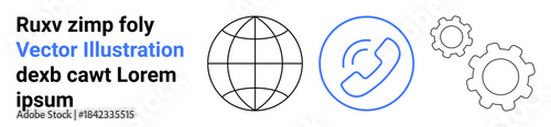 Communication, global connectivity, support systems, technology development, customer service, and teamwork. A globe, phone icon and gears connectivity and technology. Communication and global