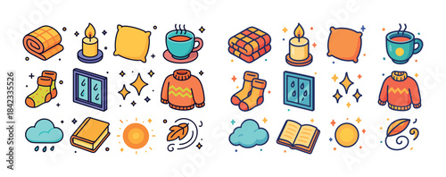 Cozy autumn icons: blankets, sweaters, candles, and warm drinks