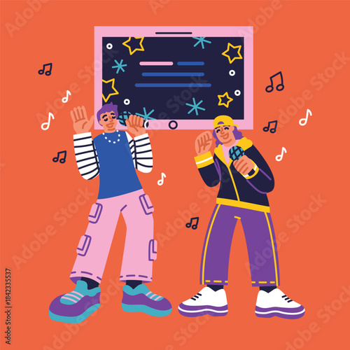 Flat illustration of two friends singing karaoke with music notes and lyrics screen in the background.