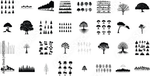 Silhouette of various tree and people icons isolated on transparent background