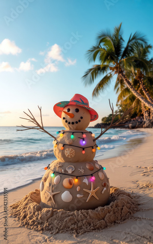 Sand snowman tropical beach holiday decoration lights seashells palm tree sunset ocean waves festive summer