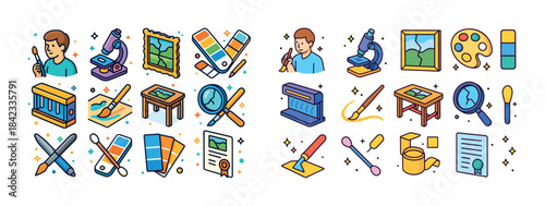 Art and science icons: tools, paintbrushes, people, microscopes,