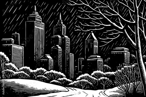 Atlanta is drawn with snowy skyline views, tall buildings, soft pencil outlines, and light winter shading illustrating an uncommon snowy moment in the warm southern city