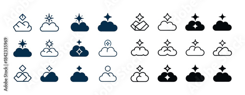 Diverse cloud icon set featuring geometric and star accents in b