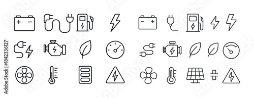Collection of electric vehicle and energy icons featuring batter