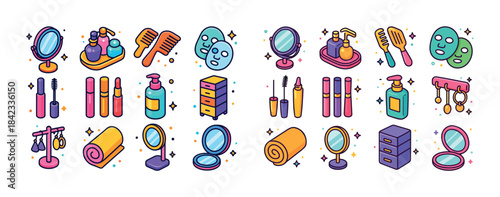 Colorful skincare and makeup icons collection featuring beauty t