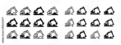 Set of twenty excavator icons in various styles