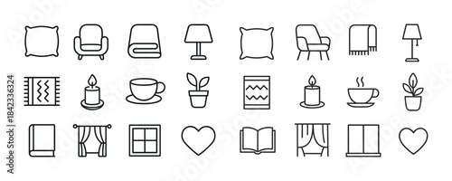 Minimalist home decor icons set: furniture, lighting, plants, te