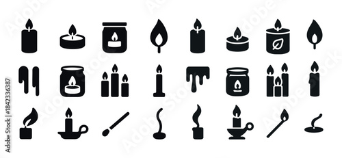 Diverse candle icon set featuring various candle styles and flam