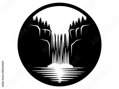 A striking black and white circular graphic depicting a majestic waterfall cascading down rocky cliffs surrounded by pine trees, with reflections in the water below.