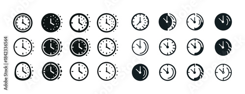 Set of diverse clock icon illustrations in various styles and ti