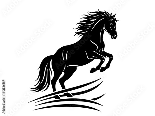 A striking black silhouette of a powerful horse rearing up with its mane flowing dramatically against a white background.