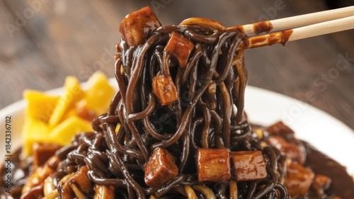 Close up of wooden chopsticks lifting sticky Korean Jajangmyeon black bean noodles with diced pork and vegetables, served with yellow pickled radish