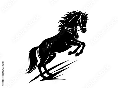 A striking black silhouette of a powerful horse rearing up dramatically.