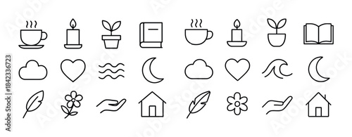 Minimalist icon set with tea candles plants books and nature ele