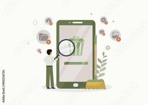Smartphone digital cleanup and storage scan. Man scanning smartphone trash bin icon, deleting files and optimizing storage, ideal for tech, security and digital clean up day. Vector illustration