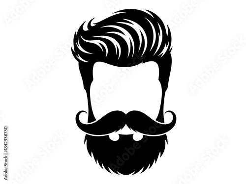 A stylized black and white illustration of a man's face with a prominent beard and mustache.