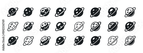 Set of planet icons with rings in various styles and shapes
