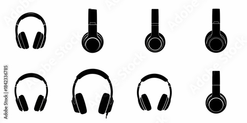Black Silhouettes of Over-Ear Headphones Set: Collection of Modern Audio Devices Icons for Music, Technology, and Sound Design.