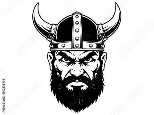 A fierce Viking warrior with a long beard and horned helmet, depicted in a black and white illustration.
