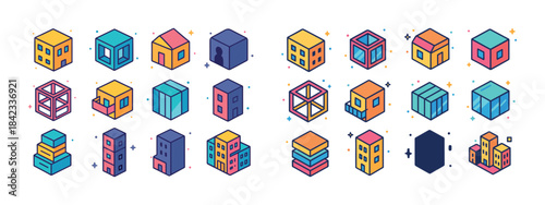Colorful geometric buildings and structures in isometric design