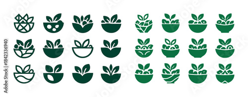 Collection of assorted decorative green food icons with leaf des