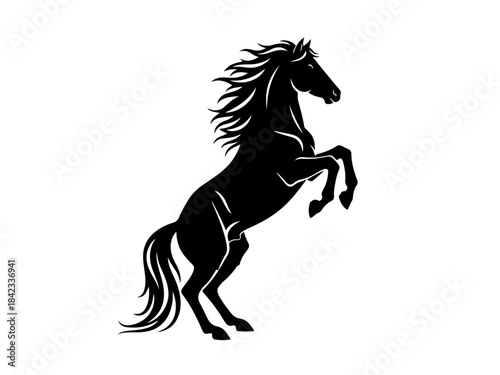 A striking black silhouette of a horse rearing up on its hind legs with its mane flowing dynamically.