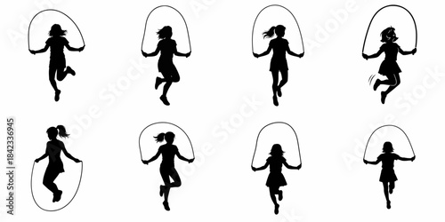 Collection of 8 black silhouettes of young women and girls jumping rope, engaging in fitness and cardio exercise.