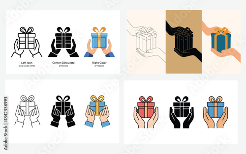 Hands holding gift box icons and illustrations set in various styles