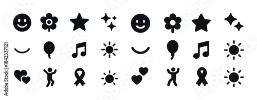 Collection of black icon symbols: smiley, star, balloon, music n