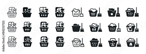 Set of cleaning supplies icons in black and white